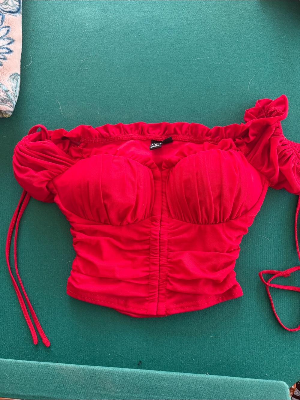 Windsor Small Red Ruched Off-Shoulder Crop Top